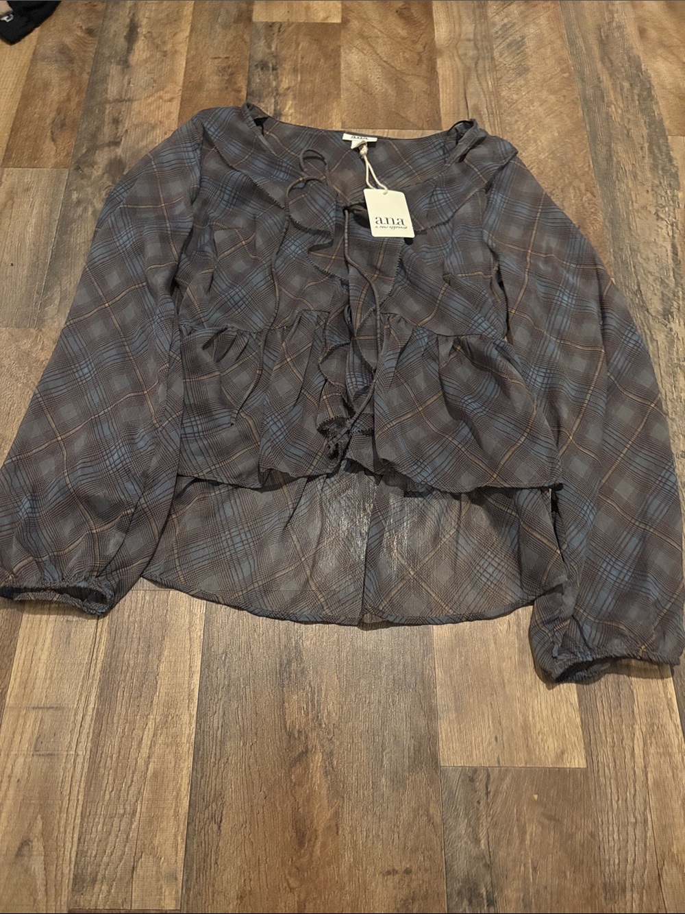 a.n.a Sheer Plaid Ruffle Tie-Neck Blouse in Gray and Blue
